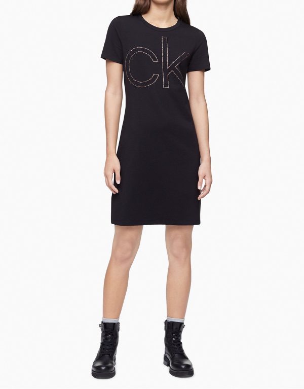 Calvin Klein Rhinestone Logo Short Sleeve T-Shirt Dress - Women Supply