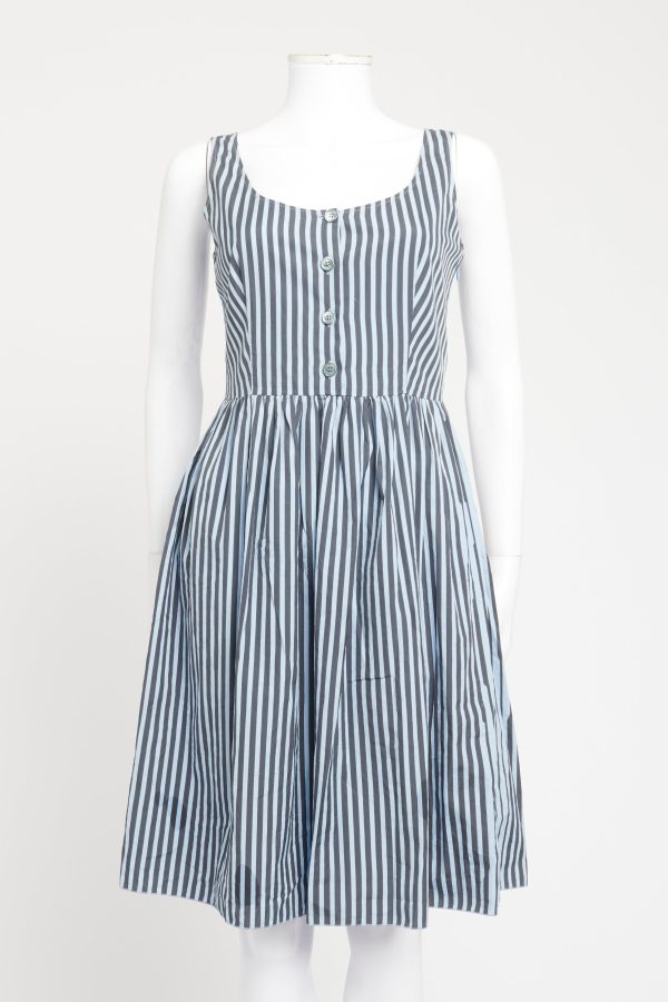 Blue Cotton Preowned Striped Button Up Dress For Sale