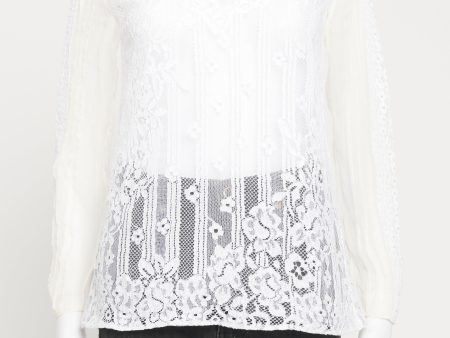 White Silk Preowned Lace Appliqué Edwardian Style Blouse Hot on Sale