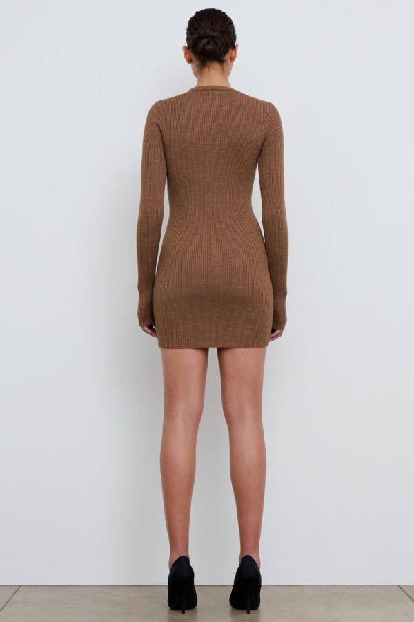 Brown Ribbed Long Sleeve Dress Mini For Discount