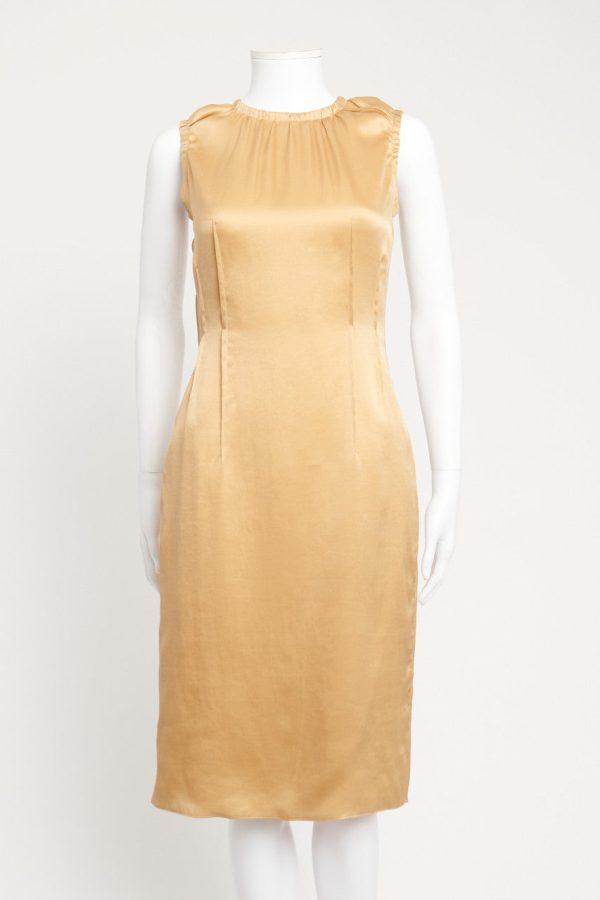 Gold Satin Fitted Preowned Shift Dress Cheap