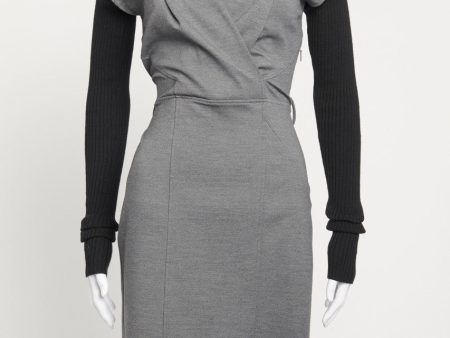 Grey Wool Contrast Ribbed Sleeve Preowned Shift Dress Discount