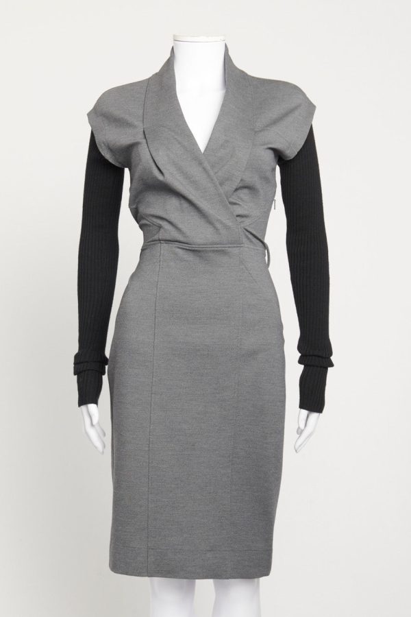 Grey Wool Contrast Ribbed Sleeve Preowned Shift Dress Discount