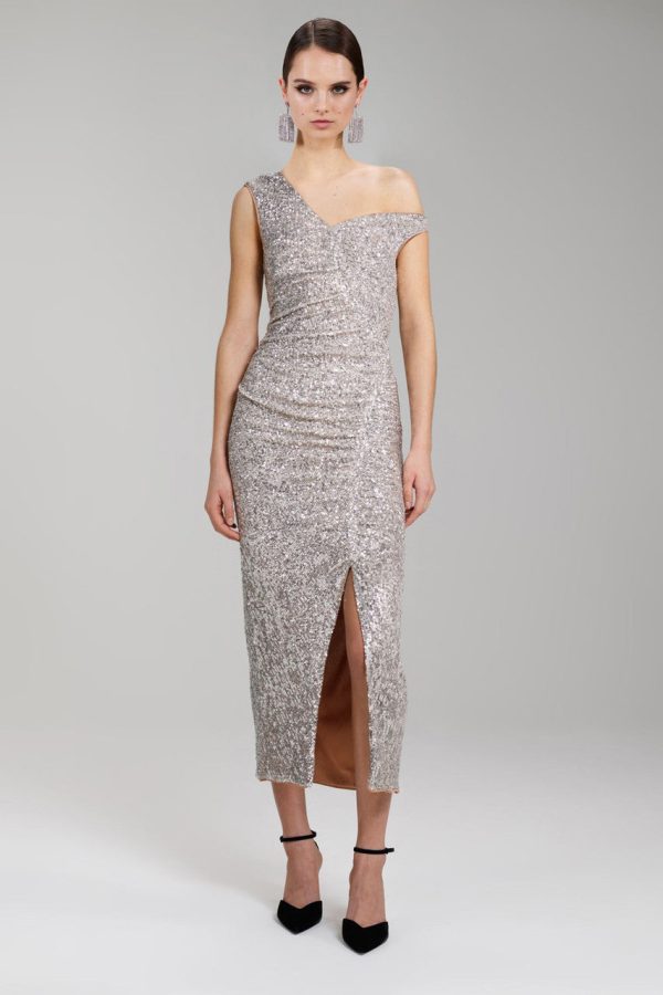 Silver Sequin Gathered Asymmetric Midi Dress Hot on Sale