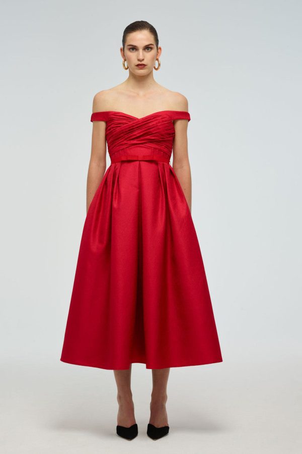 Red Textured Off-Shoulder Midi Dress For Cheap