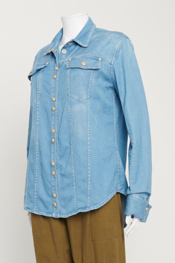 Blue Denim Shirt with Gold Vintage Lion Button Up Online now