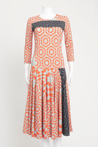 Orange and Grey Geometric Print Jersey Preowned Midi Dress Online now