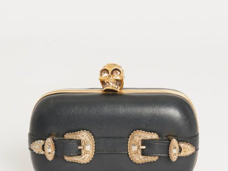 Black Leather Preowned Buckle Skull Box Clutch Online now