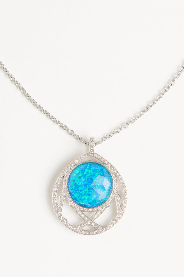 18K White Gold Diamond Opal Preowned Pendant Necklace Supply