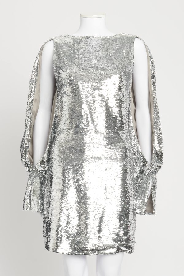 Silver Sequin Cut-Out Balloon Sleeve Preowned Mini Dress Online