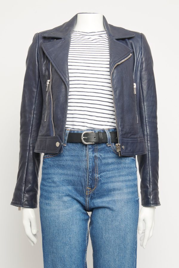 2014 Navy Leather Preowned Biker Jacket Hot on Sale