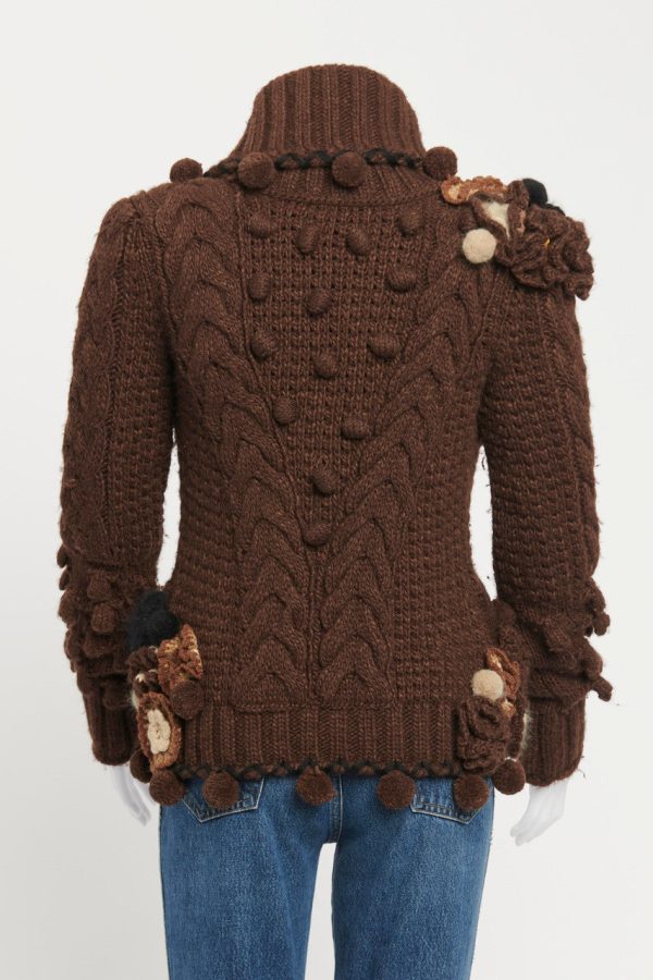 2005 Brown Wool Knit Appliqué Flower Preowned Cardigan Online