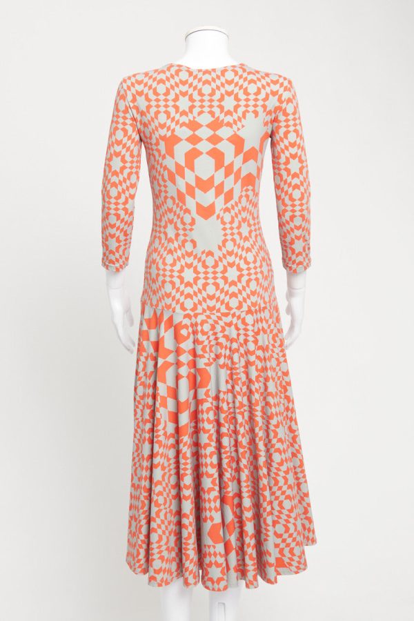 Orange and Grey Geometric Print Jersey Preowned Midi Dress Online now