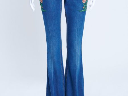 2016 Blue Denim Flared Jeans With Embroidered Patches Online Sale