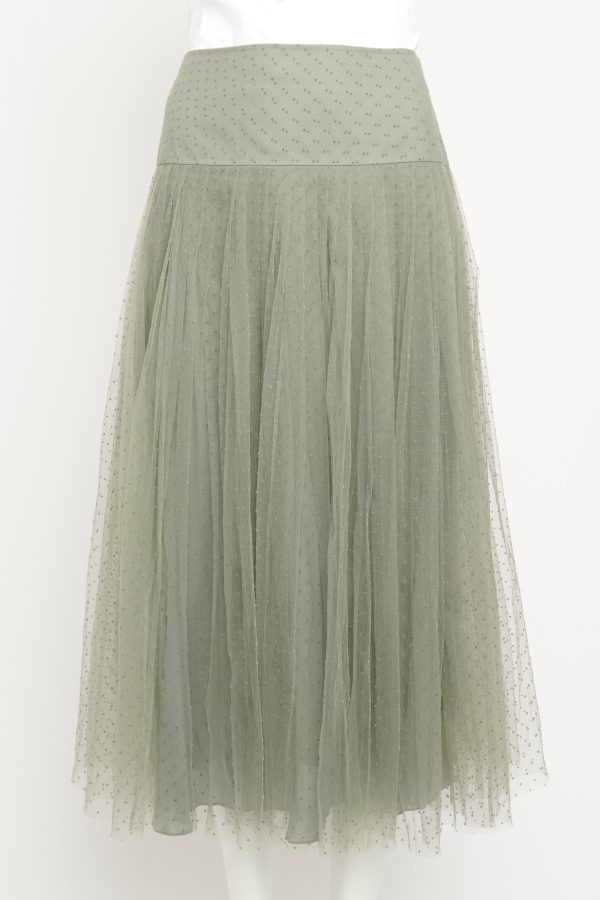 2018 Green Tulle Pleated Preowned Midi Skirt With Velvet Polka Dots For Sale