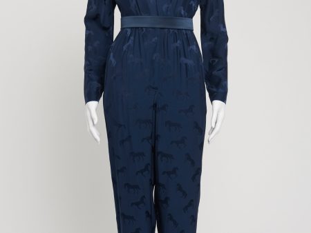 Blue Silk Blend Preowned Horse Jacquard Low Cut Jumpsuit Sale