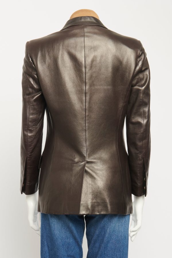 2000 s Brown Leather Preowned Single Breasted Blazer For Discount