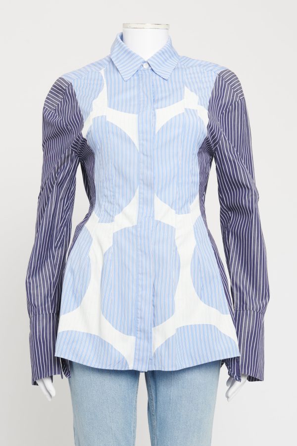 Blue and White Pinstripe Peplum Preowned Shirt For Discount