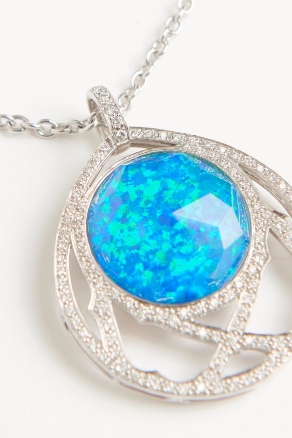 18K White Gold Diamond Opal Preowned Pendant Necklace Supply