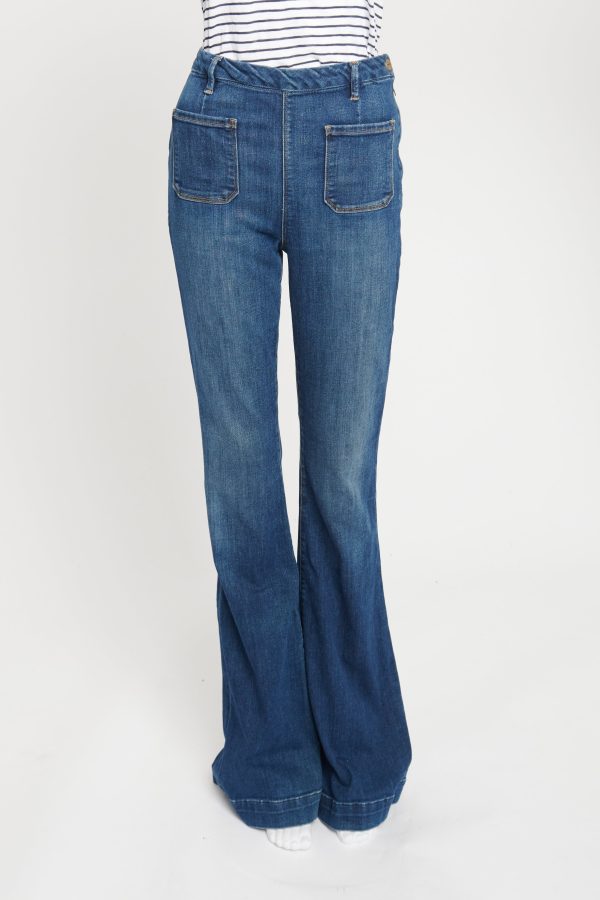 Mid-Blue Wash High Waisted Flare Denim Trousers For Discount