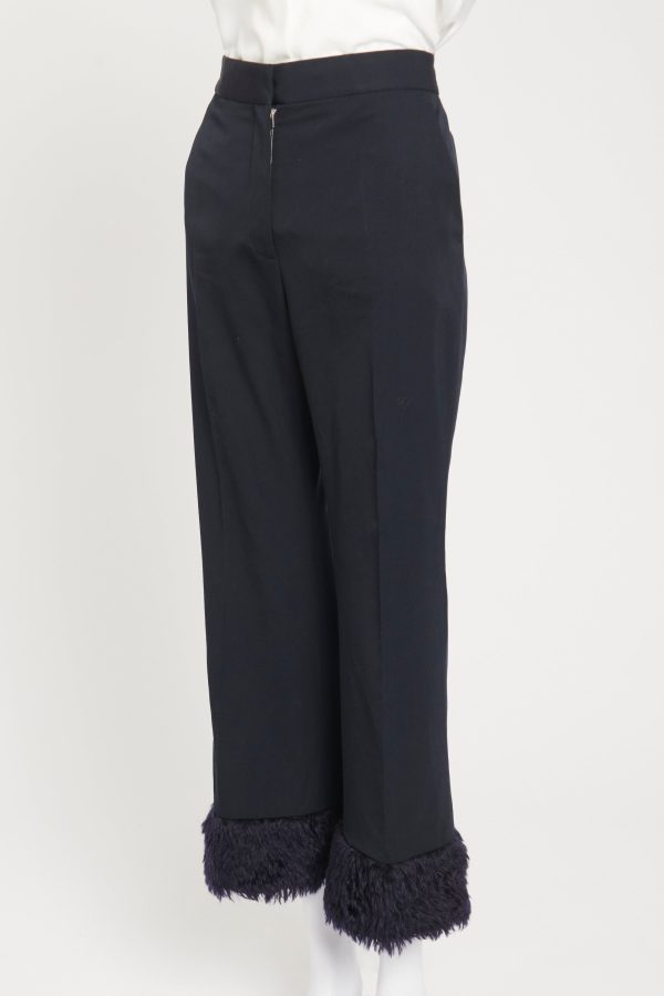 Navy Blue Wool Faux Fur Trimmed Preowned Trousers on Sale