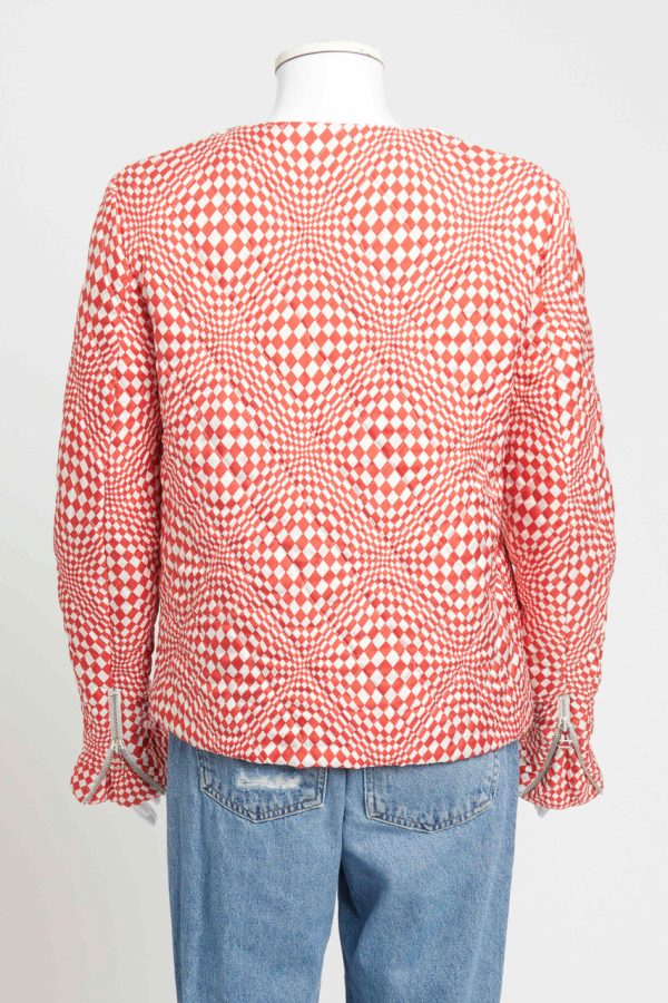 Red and White Quilted Silk Optical Illusion Preowned Top Online Hot Sale