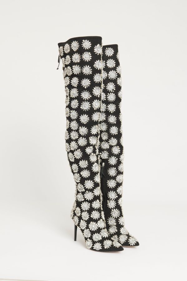 2017 Black Suede Preowned  Frederikke  Embellished Thigh Boots For Discount