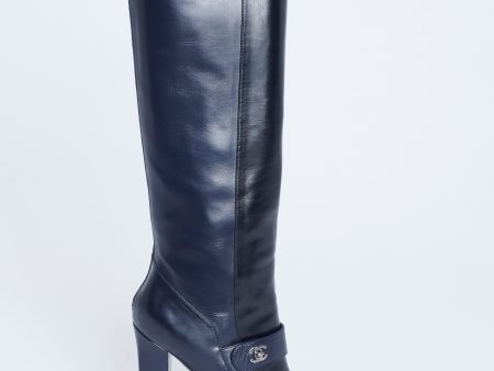 Navy and black leather Preowned Knee High Heeled Boots on Sale