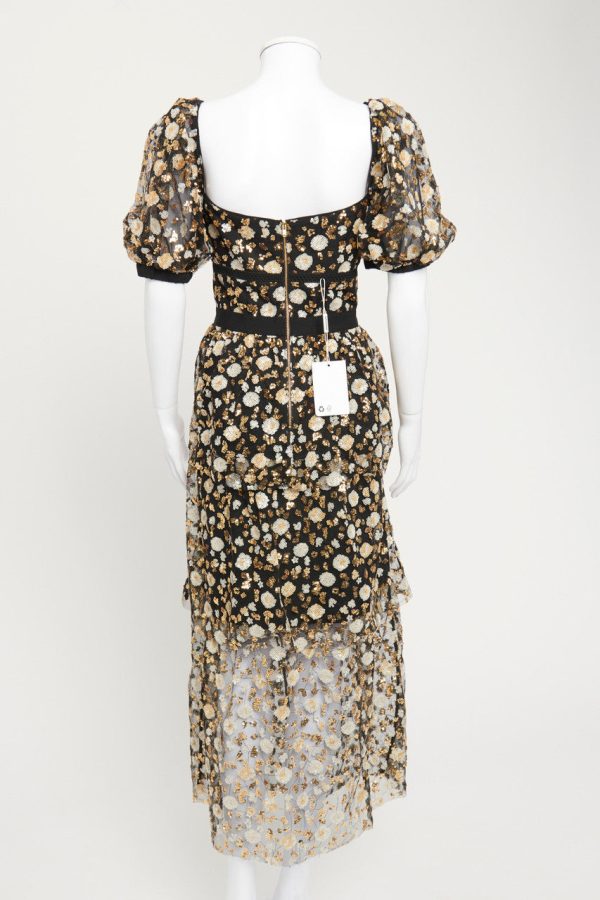 Black Mesh Gown with Floral Gold Sequin Embellishment Hot on Sale