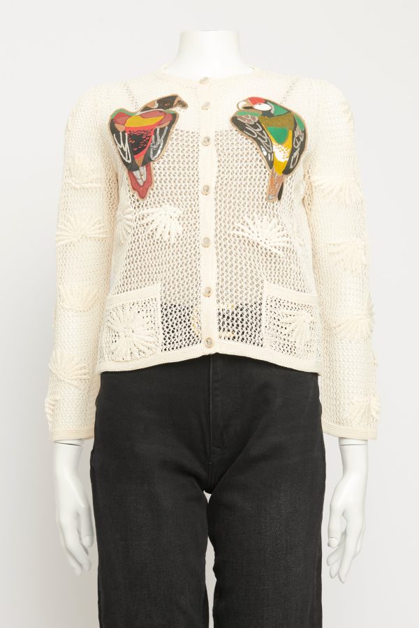 2017 Cream Silk Cuba Preowned Cardigan With Parrot Appliqués Online Hot Sale