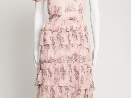 Pink Rose Print Silk Preowned Midi Dress with Frill Trim Online Hot Sale