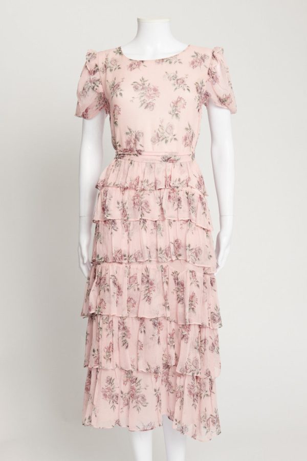 Pink Rose Print Silk Preowned Midi Dress with Frill Trim Online Hot Sale