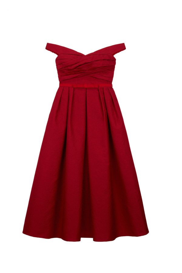 Red Textured Off-Shoulder Midi Dress For Cheap