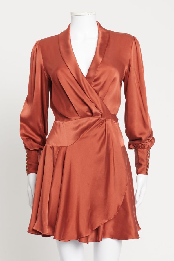 Rust Silk Plunge-Neck Wrap-Over Preowned Mini Dress Sale