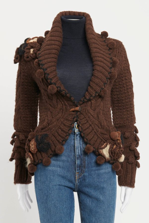 2005 Brown Wool Knit Appliqué Flower Preowned Cardigan Online