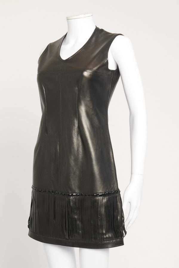 Black Leather Fringed Preowned Mini Dress Online now