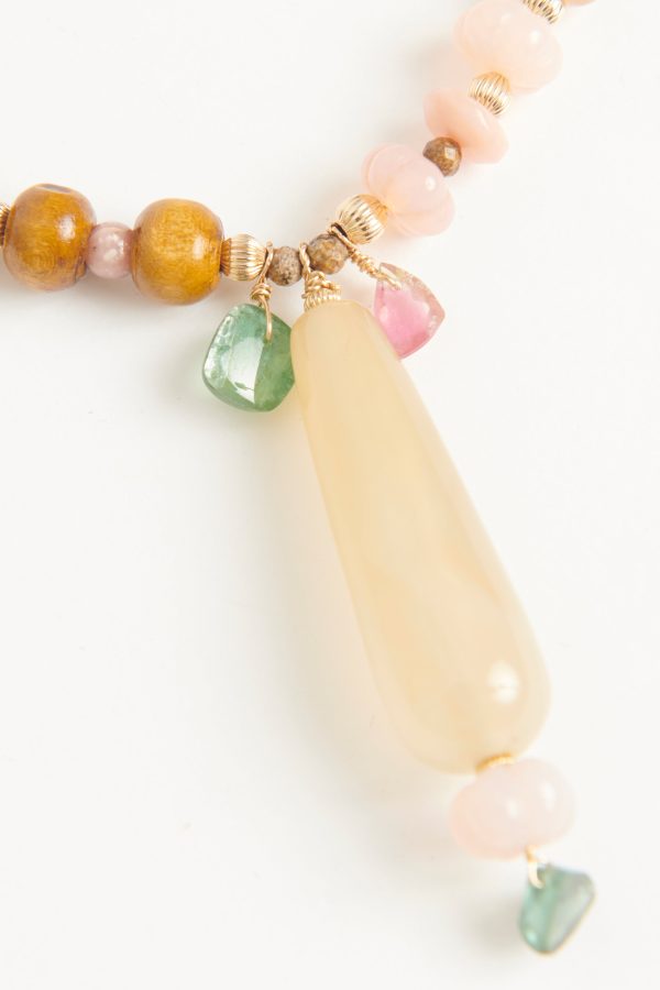 Antique pink opal beads with wooden beads and antique Agate drop and pink and green tourmaline charms Necklace Online