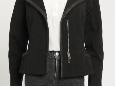 Black Cotton Leather Trimmed Preowned Blazer Online Hot Sale