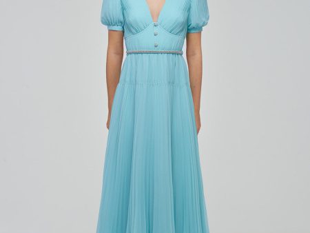 Blue Chiffon Diamanté Button Midi Dress Cheap