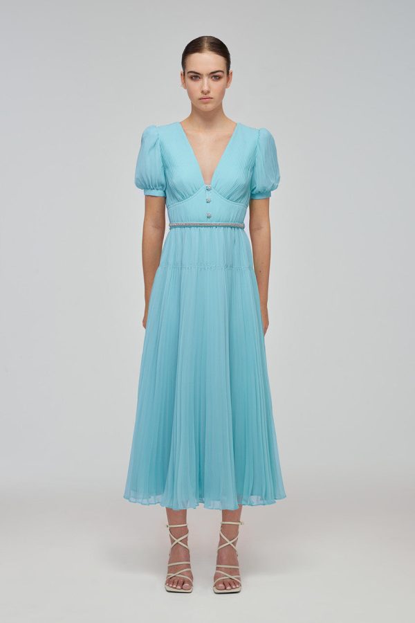 Blue Chiffon Diamanté Button Midi Dress Cheap