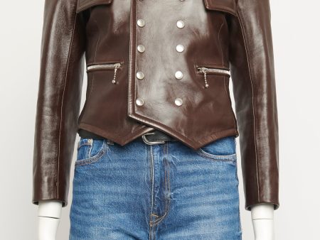 Brown Leather Preowned Double Breasted Jacket For Sale