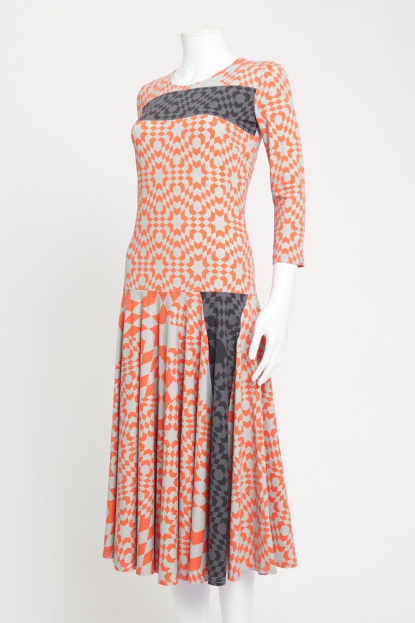 Orange and Grey Geometric Print Jersey Preowned Midi Dress Online now