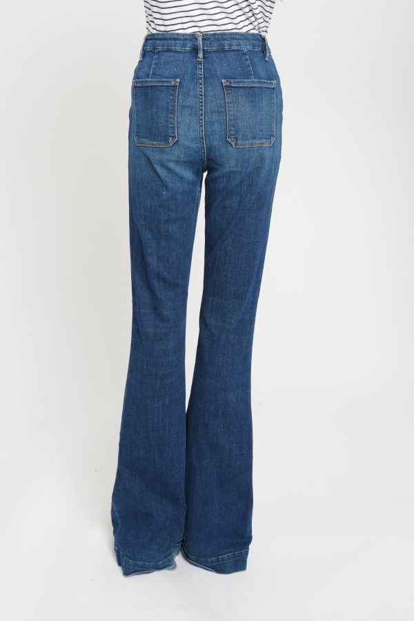 Mid-Blue Wash High Waisted Flare Denim Trousers For Discount