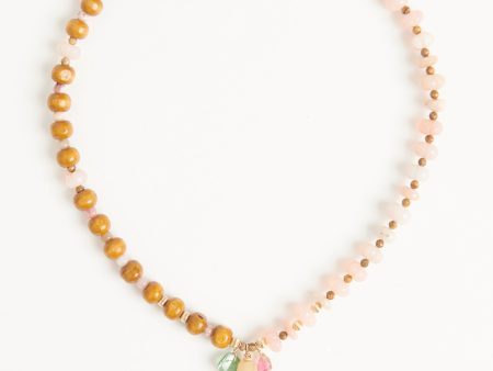 Antique pink opal beads with wooden beads and antique Agate drop and pink and green tourmaline charms Necklace Online