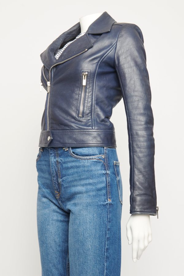 2014 Navy Leather Preowned Biker Jacket Hot on Sale