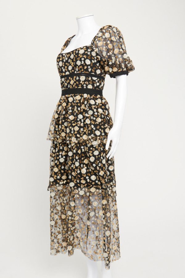 Black Mesh Gown with Floral Gold Sequin Embellishment Hot on Sale