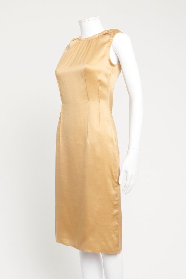 Gold Satin Fitted Preowned Shift Dress Cheap