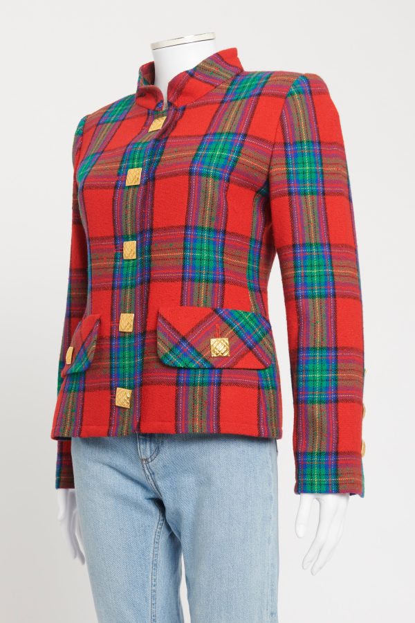 1990 s Red Wool Blend Preowned Tartan Blazer Online Hot Sale