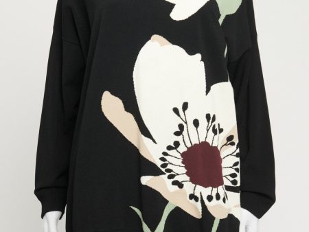 Black Crew Neck Floral Intarsia Knit Preowned Pullover Sweater Supply