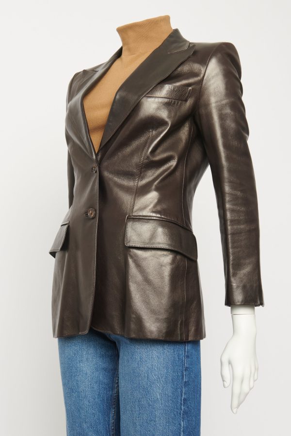 2000 s Brown Leather Preowned Single Breasted Blazer For Discount